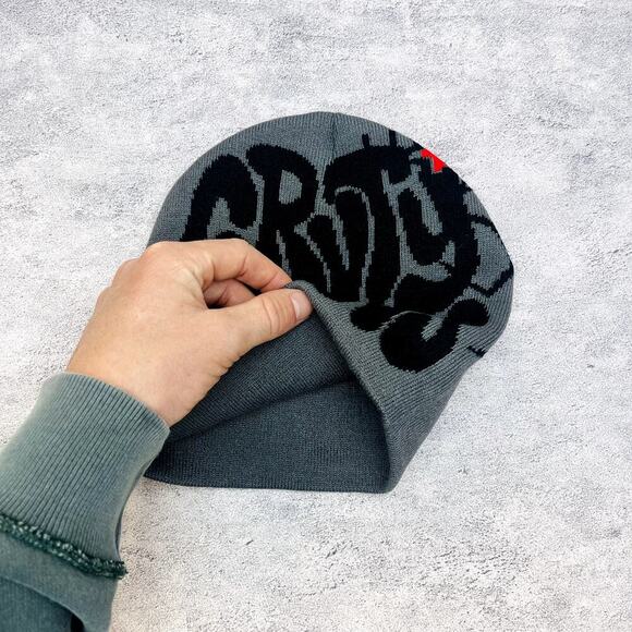 y2k 2000s grunge gothic spiderweb gray and black Grvty visions beanie - Picture 3 of 4